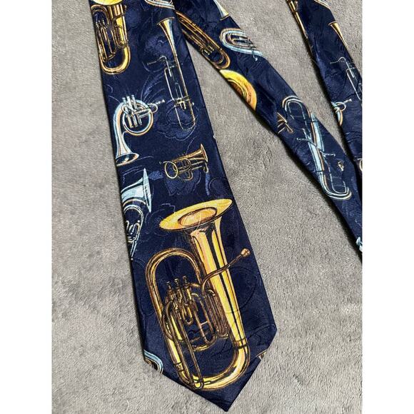 NWOT A. Rogers Formal Men’s Tie‎ Vintage Jazz Music Instruments Navy Blue - Picture 3 of 3